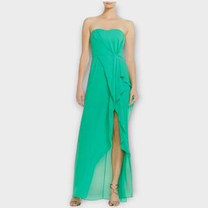 Halston Heritage Gown Sz 12 Emerald Green Strapless Ruffle Front Slit Maxi Dress